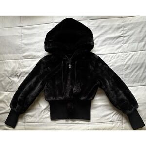 Y2K Bebe Faux Fur Womans M Crop Bommer Jacket Black Pom Poms Rhinestones RARE